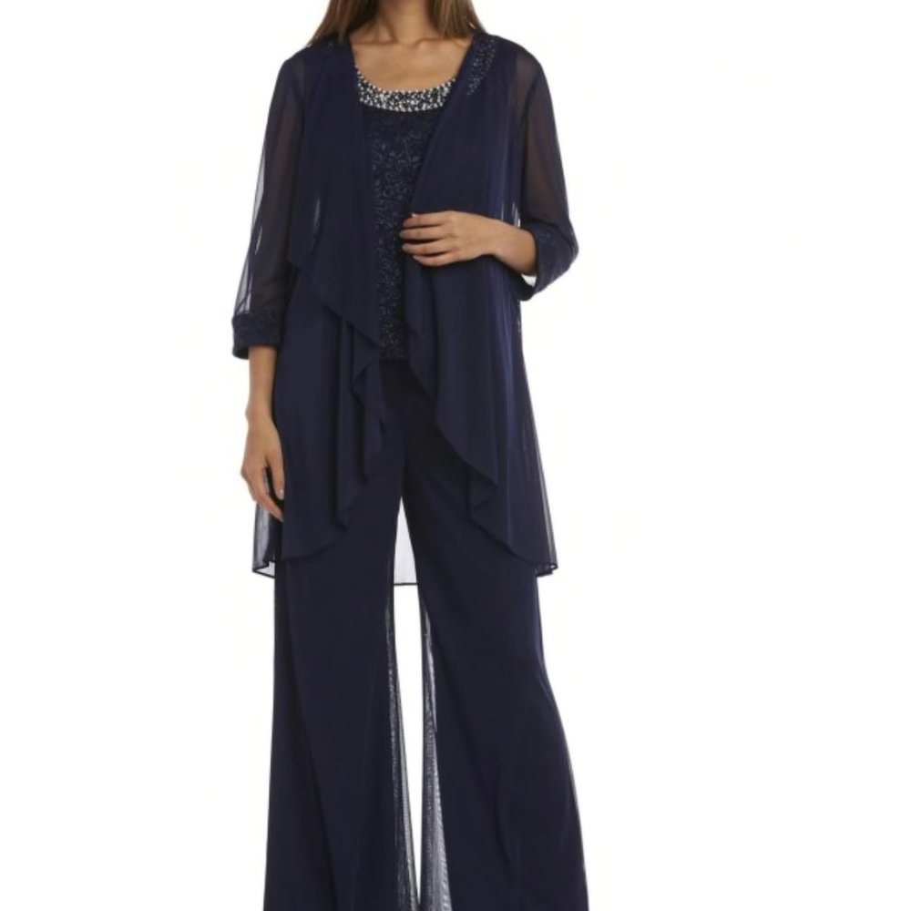 3 Piece Pant Set w/ Lace & Pearl Detail/Sheer Coat